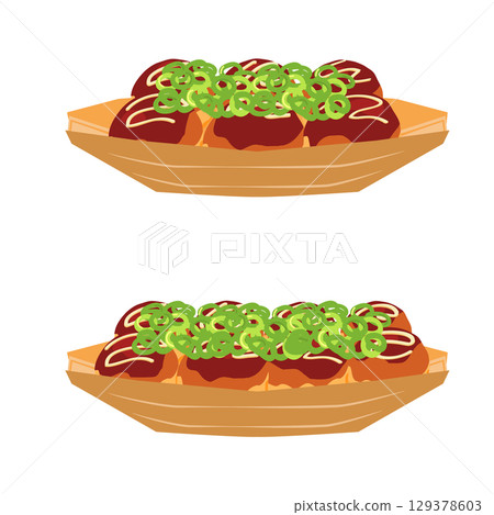 Illustration of takoyaki with green onions seen from the front, set on a boat-shaped plate 129378603