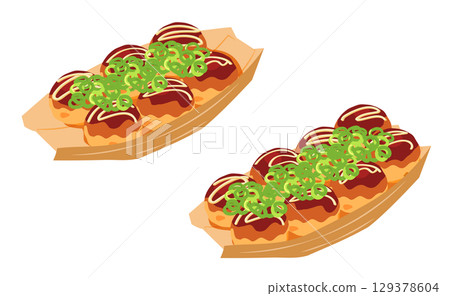 Illustration set of takoyaki topped with green onions seen from above Illustration set of takoyaki topped with green onions seen from above 129378604