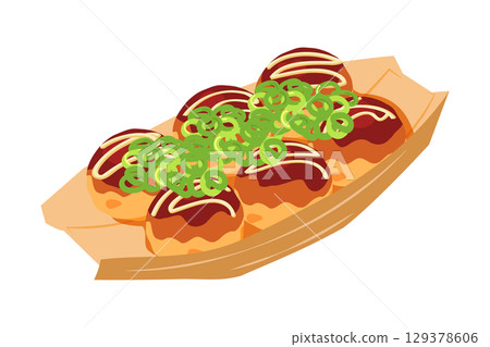 Illustration of takoyaki topped with green onions, seen from above. Boat-shaped dish, 6 pieces. 129378606