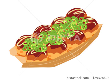 Illustration of takoyaki topped with green onions, seen from above. Boat-shaped plate, 8 pieces. 129378608
