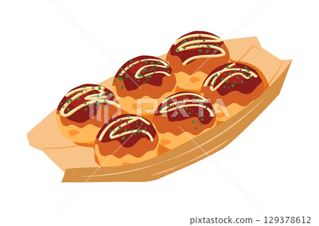 Illustration of takoyaki seen from above, 6 pieces on a boat-shaped plate 129378612