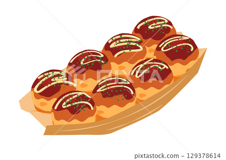 Illustration of takoyaki seen from above, boat-shaped tray, 8 pieces 129378614