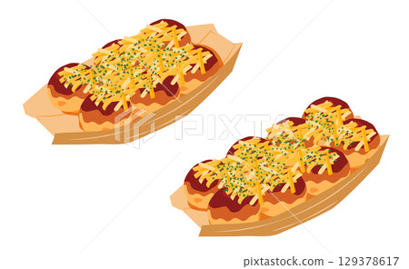 Illustration of takoyaki topped with cheese, seen from above, on a boat-shaped plate 129378617
