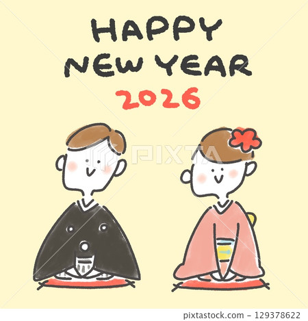 Cute hand-drawn New Year's card 2026 featuring a couple in kimono greeting each other for New Year's. Square, for SNS and Instagram. 129378622