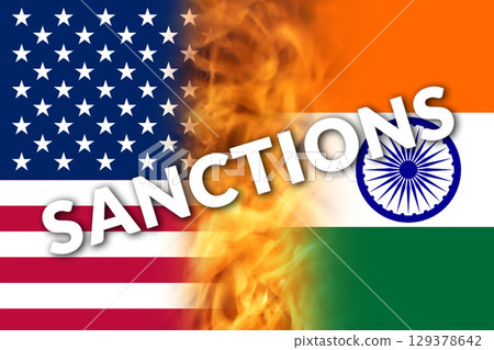 US sanctions against India on Russian oil. Duties for India. USA and India flag. War in Ukraine concept 129378642
