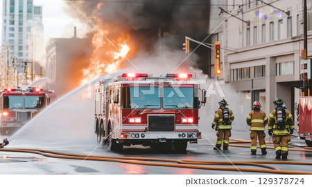 Firefighters battling high-rise building blaze, urban emergency scene Firefighters battling high-rise building blaze, urban emergency scene 129378724