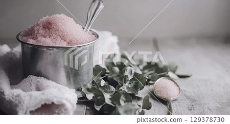 Spa concept background with bowls of salt and flowers on textured surface 129378730