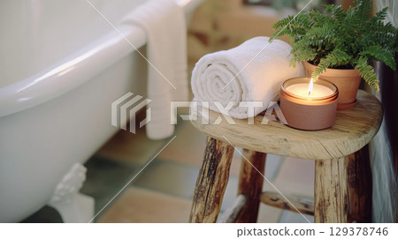Relaxing spa scene with lit candle, fern, and rolled towel on wooden stool, background 129378746