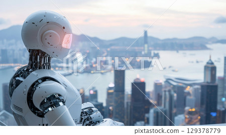AI robot with human-like features overlooking cityscape, futuristic concept 129378779