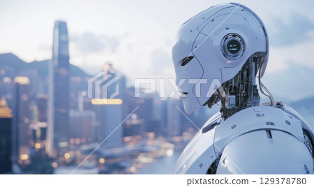 AI robot with human-like features overlooking cityscape, futuristic concept 129378780