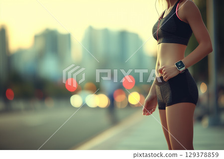 Woman Showing Fitness Stats on Wrist in Urban Environment at Sunset 129378859