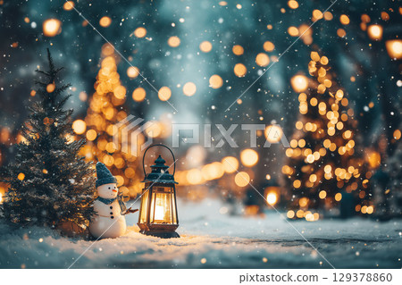 Charming Christmas Scene with Snowman, Lantern, and Bokeh Background of Festive Tree Lights 129378860