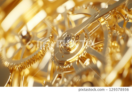 Close-up of intricate gold clockwork gears, suitable as a steampunk background 129378936