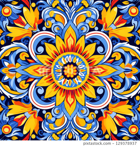 Mexican ceramic tile set with floral and geometric decorative blue red and yellow pattern 129378937