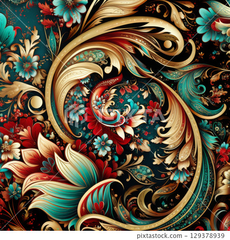 Paisley pattern with floral elements on red background, highly detailed 129378939
