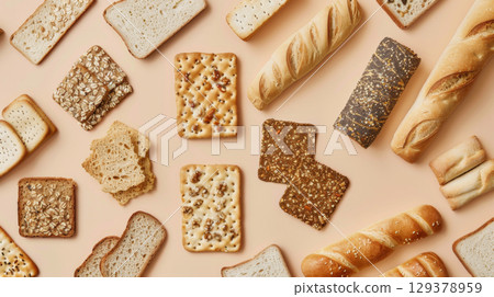Assortment of diet breads including seed loaf on neutral background 129378959