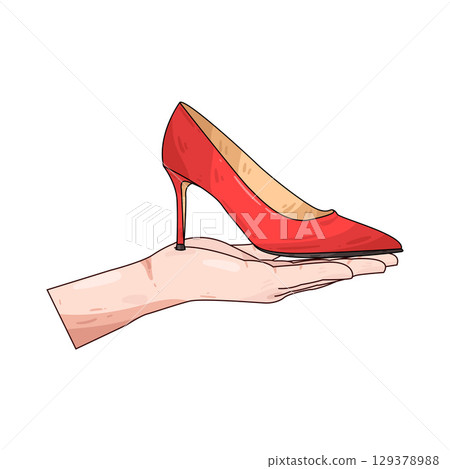 illustration of hand holding high heels 129378988
