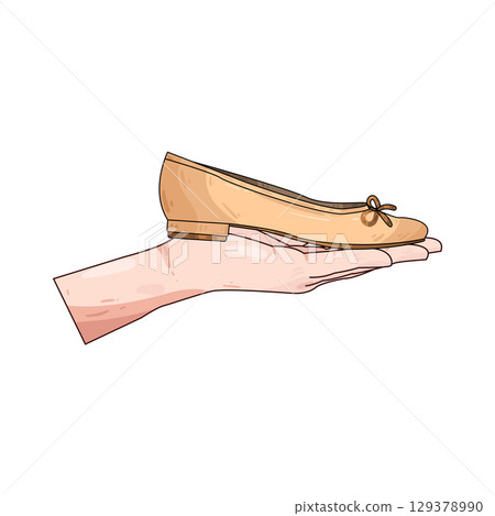 illustration of hand holding flat shoes 129378990