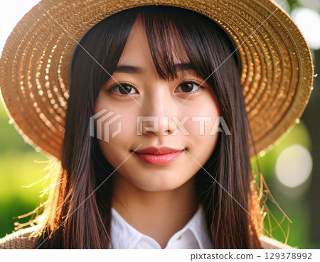 戴著草帽的年輕女子 129378992