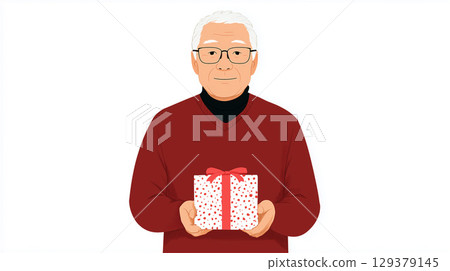 一位穿著紅色毛衣的老人用雙手遞上一個包裝好的盒子 129379145