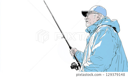 一位身穿藍色套頭衫和帽子的老人拿著一根釣魚竿 129379148