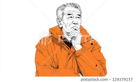 一位滿臉皺紋的老人雙手抱胸,托著下巴思考著 一位滿臉皺紋的老人雙手抱胸,托著下巴思考著 129379157
