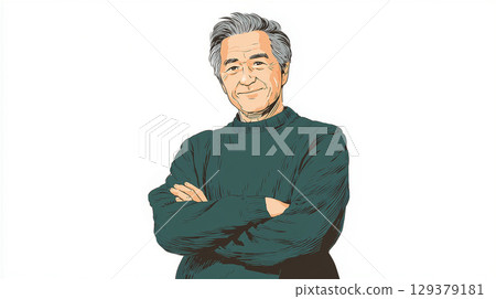 一位 70 多歲老人的全身插圖，他身穿深綠色毛衣，雙臂交叉，面帶微笑 129379181