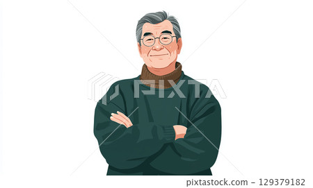 圖：一位 70 多歲的老人，戴著眼鏡，身穿深綠色毛衣，雙臂交叉 129379182