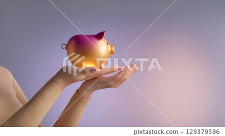 Vibrant piggy bank rests in open hands Vibrant piggy bank rests in open hands 129379596