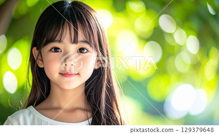 Portrait of a girl against a green background with sunlight filtering through the trees 129379648
