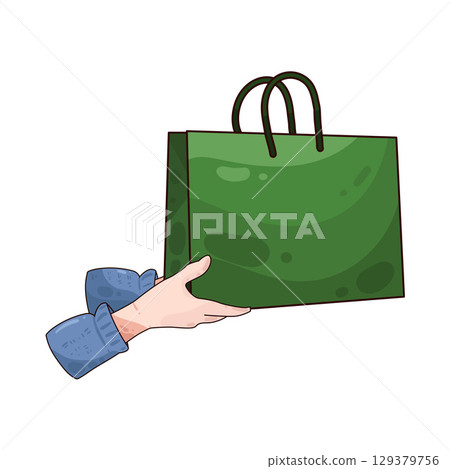 illustration of hand holding paper bag illustration of hand holding paper bag 129379756