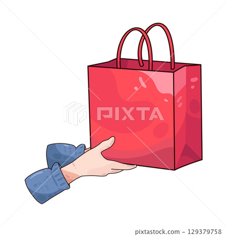illustration of hand holding paper bag illustration of hand holding paper bag 129379758