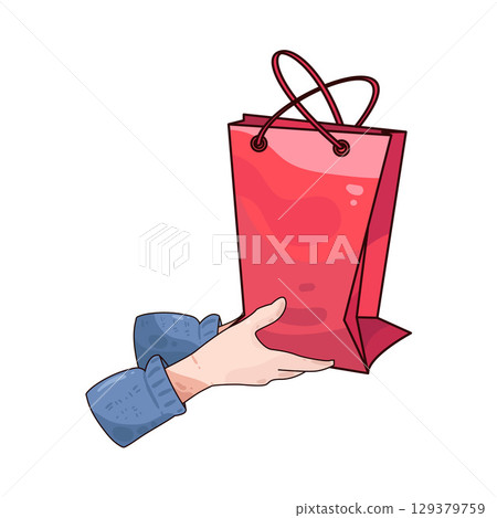 illustration of hand holding paper bag illustration of hand holding paper bag 129379759