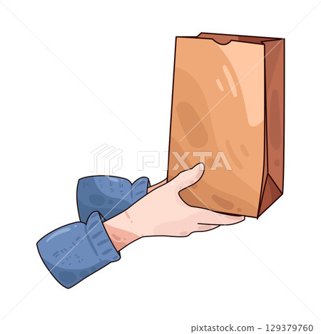 illustration of hand holding paper bag illustration of hand holding paper bag 129379760