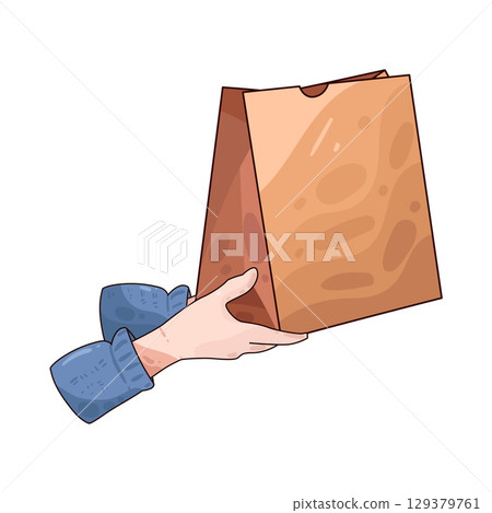 illustration of hand holding paper bag illustration of hand holding paper bag 129379761