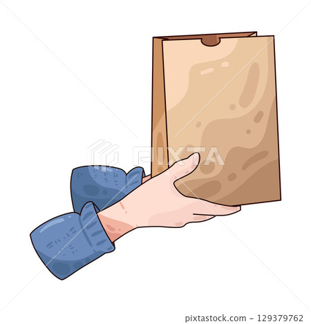 illustration of hand holding paper bag 129379762