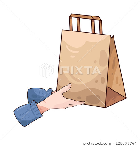 illustration of hand holding paper bag 129379764