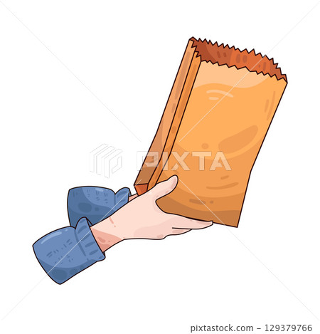 illustration of hand holding paper bag 129379766