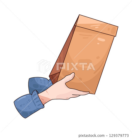 illustration of hand holding paper bag illustration of hand holding paper bag 129379773