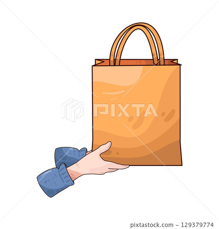 illustration of hand holding paper bag 129379774