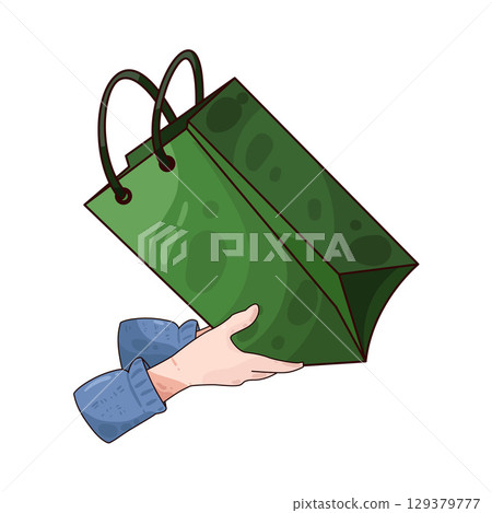 illustration of hand holding paper bag 129379777