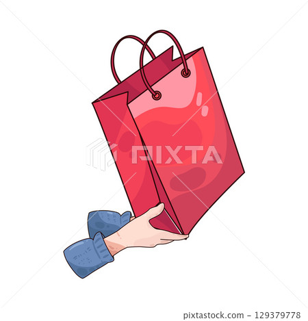 illustration of hand holding paper bag 129379778