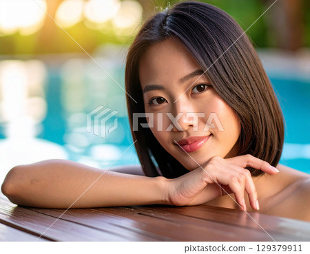 Young woman smiling by the pool Young woman smiling by the pool 129379911