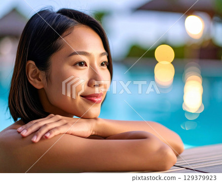年輕女子在泳池邊微笑 129379923