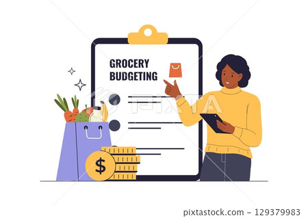 Woman Planning Grocery Budget and Shopping List Illustration 129379983