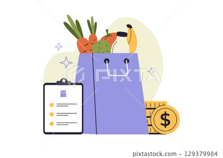 Grocery Shopping Bag and Budgeting Checklist Illustration Grocery Shopping Bag and Budgeting Checklist Illustration 129379984