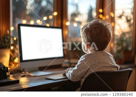 White monitor screen on the table in front of a child sitting in a chair. 129380140