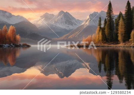 Lake of the valley morning sunrise sky forest with reflection 129380234