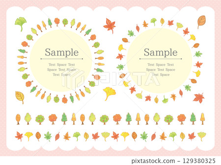 Illustration set of colorful autumn plants arranged in circles and lines Illustration set of colorful autumn plants arranged in circles and lines 129380325