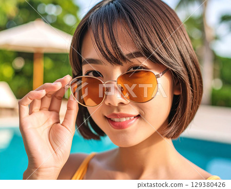 Young woman wearing sunglass by the pool 129380426